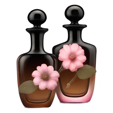 Two English vintage glass perfume bottles from my aristocratic grandmother, exquisite bottle shape, old and shabby, with label, stylish and minimalistic, black and brown with pink gradient, with little herbal and flowers  sticker