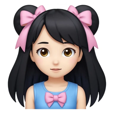 A kawaii-style emoji of a cute anime girl with long, straight black hair, with side bangs, big shiny brown eyes, and soft makeup. She has a small pink bow on her hair and is wearing a pastel blue top but with a Sonic the Hedgehog design printed on it (cute Sonic style). sticker