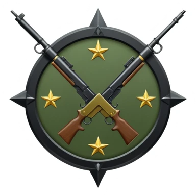 Insignia militar realista para videojuegos de guerra (estilo Delta Force), forma de escudo metálico con bordes desgastados. Incluye:

Símbolo: [fusiles cruzados / águila / estrellas / espada] Insignia redonda con fusil cruzado y una estrella, metal rayado, verde oliva y negro. sticker