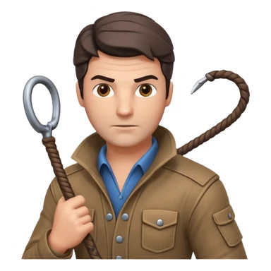 man with a whip portrait, head and shoulders only, whip coiled on shoulder, rugged outfit, confident look, 3D cartoon, mobile game icon style, clean background, no text, no watermark
 sticker