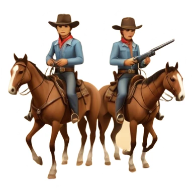 Icon for Western: A vintage movie poster-style design with cowboys on horseback, dusty desert landscape, and a setting sun. Include cowboy hats, revolvers, and an old saloon. The design should have bold typography and a retro cinematic feel. Transparent background. sticker