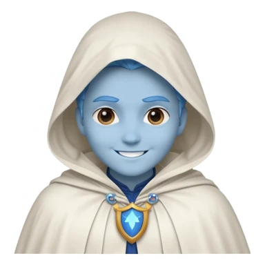 villain smiling with a white cloak, blue skin, cute sticker