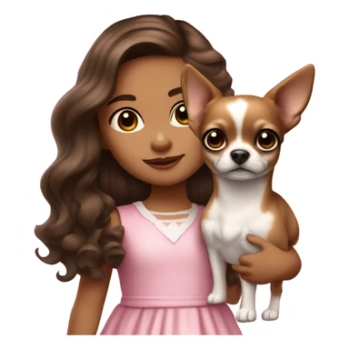 Little Girl with White skin, black eyes. Long brown wavy hair in a half up half down. She is wearing a pink and White dress, standing and holding on to a Chihuahua  sticker