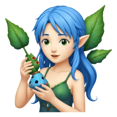 forest fairy woman with blue hair playing leaf-shaped ocarina sticker