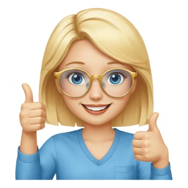 une fille blonde au yeux bleus avec des lunette dorée assez grande joyeuse avec un pouce lever sticker
