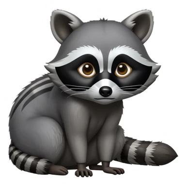 Cinematic-Raccoon-Realistic-hunched Full-Body on all fours-Emoji – Tail flicking lazily, head tilted dramatically, thick grey fur with a signature black mask, sharp and alert ears, simplified yet realistic focused features, highly detailed, glowing with an almost sarcastic glow. sticker