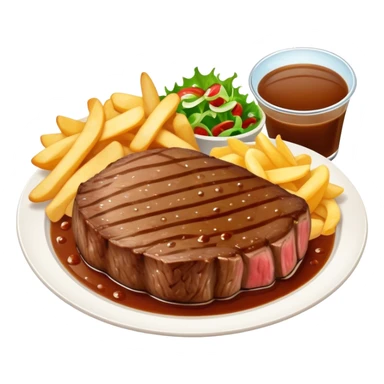 big juicy australian steak meal featuring chips, small salad in a ramiken and gravy  sticker