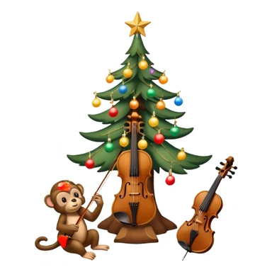sapin de Noël décoré d'une guirlande lumineuse et de boules  avec un violon à la place du tronc et un petit singe perché au sommet en train de mettre l'étoile de Noël sticker