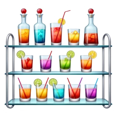 A glass shelf filled with cocktail bottles and fancy drinking glasses.
 sticker