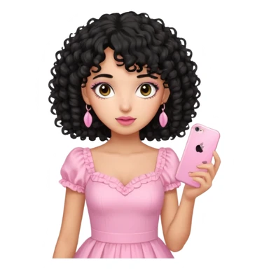 uma menina fofa de pele oliva e cabelos pretos encaracolados e com franja encaracolada e um vestido rosa pastel detalhado e maquiagem levemente rosada enquanto segura um iphone rosa sticker