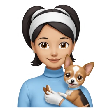tan skin woman, with short black hair in a slicked back ponytail with forehead showing, with white headband, wearing solid pastel blue turtleneck shirt, smiling carrying dark brown-white long-haired chihuahua dog with brown nose sticker
