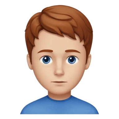 Please generate a portrait of a boy. He has light brown to reddish-brown wavy hair, a right side parting, slightly longer sideburns, blue eyes, a snub nose, and a somewhat pronounced pout. sticker
