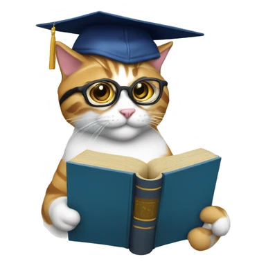 A learned cat with a book, glasses and a graduate hat sticker