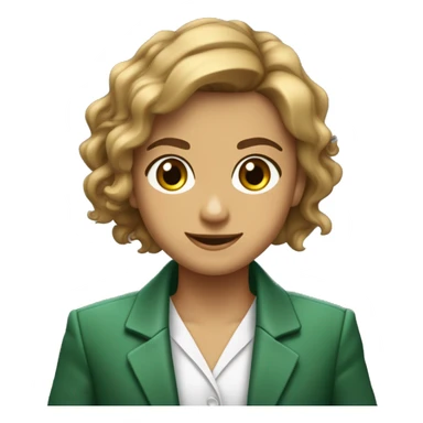 uma jovem de cabelo castanho com mechas loiras de tamanho médio, olhos verdes, vestindo uma blusa branca com blazer, sorrindo e de braços cruzados. sticker