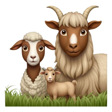 Icon for Domestic Hooved Animals: A gentle collage featuring a brown goat with large, curious eyes, a calm sheep with soft wool and a horse with a flowing mane. Background with a green pasture and a few hay bales. Transparent background. sticker