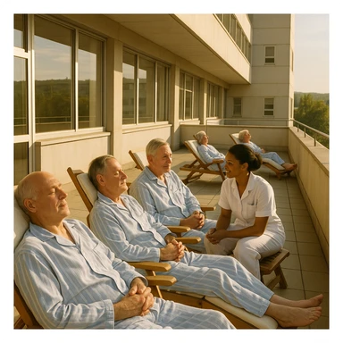 hospital terrace with patients in pajamas sunbathing on deck chairs, nurse conversing with a patient, atmosphere of hope and recovery, warm natural light, realistic details, 4K quality sticker