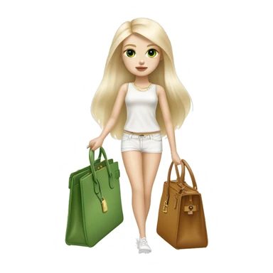 Blonde skinny girl with green eyes and pale skin with white pomeranian and Hermes birkin bag sticker