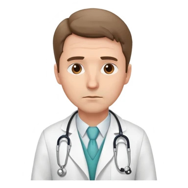 create a male white doctor wearing a white rope with a Stethoscope on her neck. his face is slightly sad sticker