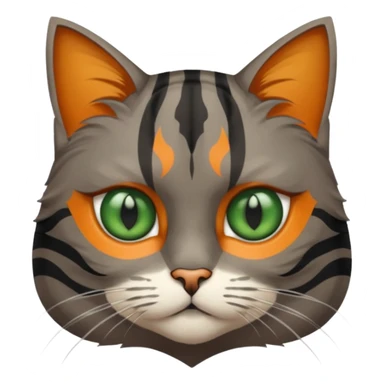 A grey tabby cat with dark grey stripes and green eyes sitting next to a calico cat with orange eyes, calico cat has dark fur around her eye almost like a Batman mask sticker