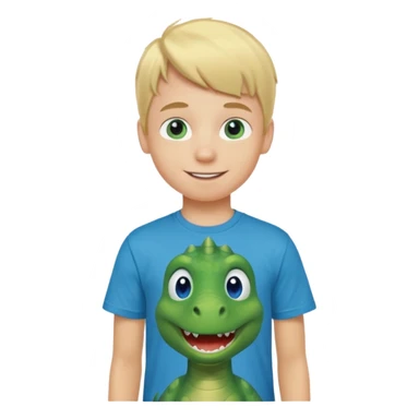 A smiling blond boy with blue eyes wearing a green dinosaur T-shirt sticker