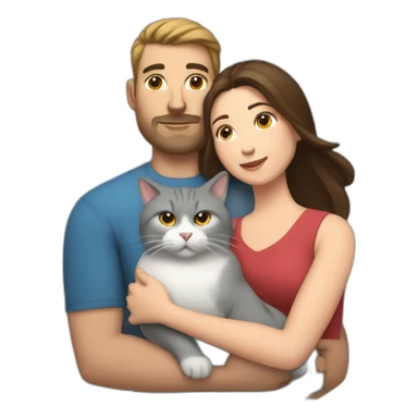 white brun man and brunette woman with a fat gray cat in their arms sticker