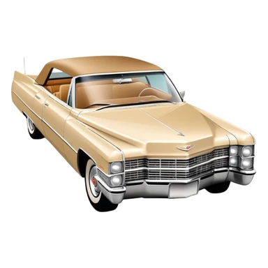 Minimalist beige 1966 Cadillac DeVille, simplified clean lines, 30-degree view, reduced details, essential features only, iconic silhouette, Once Upon a Hollywood inspired, iOS emoji style sticker