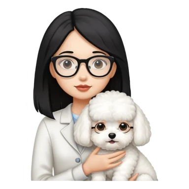 Girl with long black hair and glasses holding a white Bichon Frise dog sticker