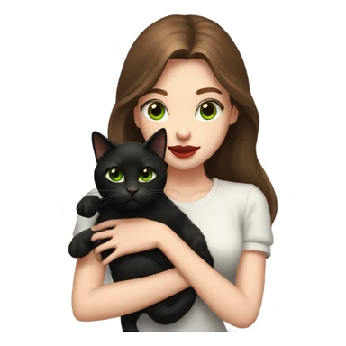 A teenage girl with white skin, green eyes, red lipstick, mid long brown hair, holding a black cat in her arms, view from close sticker