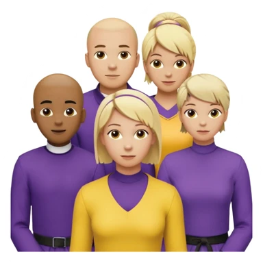 5 person team; 2 men and 3 women.  All dressed in yellow or purple.  1 caucasian woman with blonde mid length hair. 1 caucasian woman with blonde short length hair. 1 caucasian woman has ash blonde hair tied up. 1 man is African-american and bald, 1 man is caucasian and very little hair left.  
 sticker
