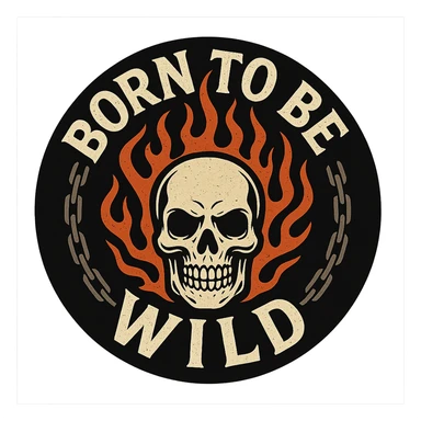 circular motorcycle cap design with transparent background, text 'Born to be wild', motif: skull, chain, flame, cool style sticker