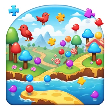 An icon representing a casual game, inspired by titles like Candy Crush. The design features colorful puzzle pieces, bouncing birds, and characters running through dynamic landscapes. Vibrant HUD elements like scores and power-ups highlight the playful. Transparent background sticker