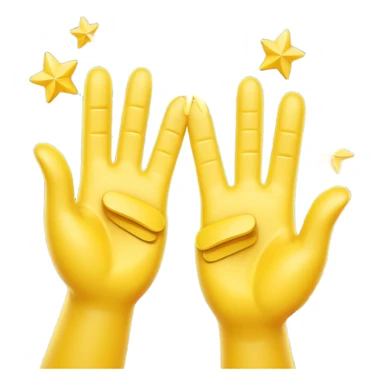 A 3D digital emoji of two yellow cartoon hands doing a joyful high five, palms clapping together in the air, with bright sparkles and motion lines to show excitement and celebration, Apple emoji style sticker