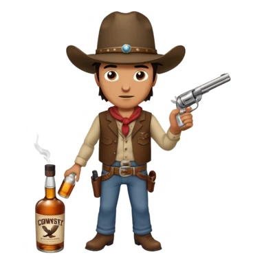 A rough and tumble cowboy with a 6 shooter and a bottle of whiskey. From the view of a bird looking down on the cowboy. Make the graphics dark and gritty in the style of your beeding skull art. sticker