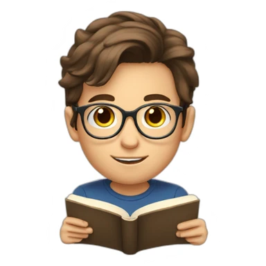 a 12-year-old boy with brown hair and gray eyes with glasses is reading a book sticker
