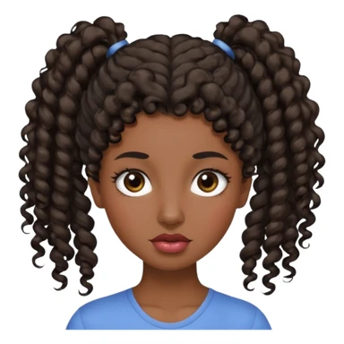 emoji sucking its lips in with one eyebrow up and the other one down dark skin and curly hair in one ponytail with eyelashes up to her hair sticker