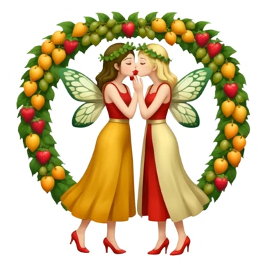 full body two women kissing, fruit vine outfits and moth swarm halo sticker
