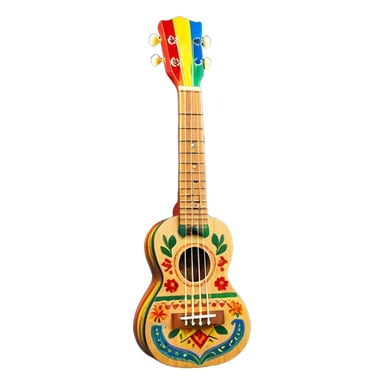 Create a vibrant and artistic emoji representing a ukulele with a Mexican design. The ukulele should feature a bright, colorful body with traditional Mexican patterns, such as geometric shapes, floral motifs, or colorful stripes. Use rich, warm tones like red, yellow, green, and blue to give the instrument a lively, festive look. Highlight the wood grain of the ukulele’s neck and fingerboard, and add subtle details like decorative inlays or a small Mexican flag symbol on the body. The strings should be clearly visible, and the instrument should be in a slightly angled position to showcase its unique design. The background should be transparent. sticker