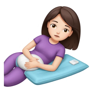  a brunette girl lying down on her side, holding a warm heating pad against her lower belly. She's uncomfortable and sad, her posture should show she’s having menstrual cramps. Use simple lines, rounded shapes, soft colors, and a clean emoji aesthetic. Make it expressive but still adorable sticker