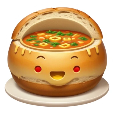Żurek Cinematic Realistic Żurek Soup Dish Emoji, depicted as a tangy rye soup served inside a hollowed-out round loaf of bread, rendered with rich textures and dynamic, comforting lighting. sticker
