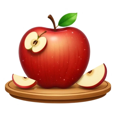 A round wooden board with a whole apple and several slices on it, with sparkles sticker