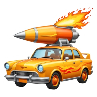 car with a rocket engine on the trunk with fire coming out of it sticker