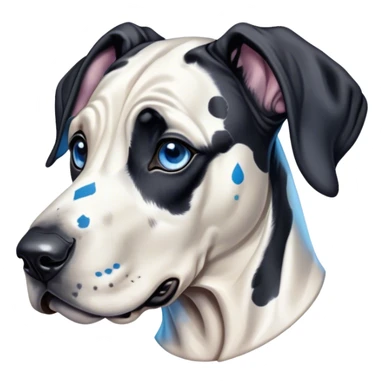 Cinematic Cute Harlequin Great Dane Portrait Emoji, Head tilted playfully and inquisitively, featuring a glossy coat of predominantly white with dynamic black patches, round, sparkling blue eyes filled with gentle curiosity, Simplified yet irresistibly adorable features, highly detailed, glowing with a warm, friendly glow, high shine, affectionate and gentle, stylized with a touch of whimsy, bright and endearing, soft glowing outline, capturing the essence of a mischievous yet loving pup, so playful it feels like it could lumber out of the screen and into your arms! sticker