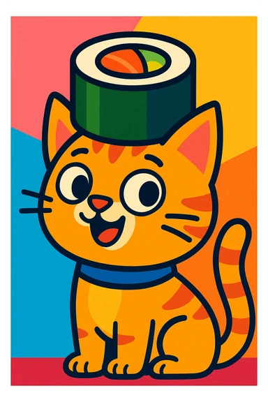 whimsical style cat wearing a sushi roll as a hat, fun and colorful sticker