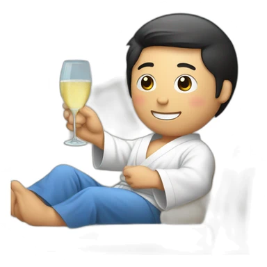 A Korean man in a bathrobe on the sofa with a glass of champagne sticker