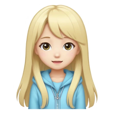 Cute kawaii emoji-style Japanese K-pop girl, blonde long hair , trendy K-pop outfit with Japanese cute fashion vibes, big sparkling eyes, chibi proportions, clean lineart, pastel colors, cheerful idol smile, sticker/emoji style, transparent background sticker