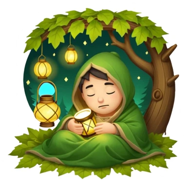 sleepy forest character wrapped in leaf blanket holding glowing lantern half asleep sticker