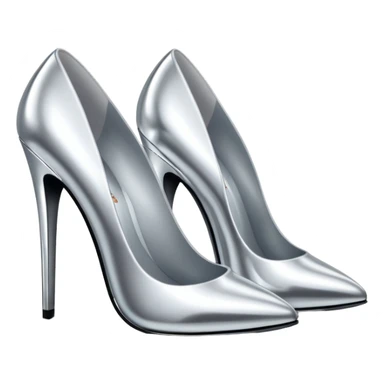 A pair of high heel shoes emoji made of polished silver chrome, elegant sharp silhouette, smooth metallic surface, glossy reflections, luxury sexy vibe, minimalistic iOS emoji style, centered, clean white background sticker