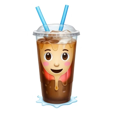 A 3D cartoon plastic cup of iced coffee with straw, clear lid, ice cubes floating, realistic condensation, bright sunlight, Memoji-style. sticker