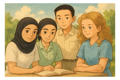Illustration Ghibli of four nursing students working together, wearing short-sleeved outfits without stethoscopes, inspired by the four provided faces, natural and peaceful atmosphere, version 4 sticker