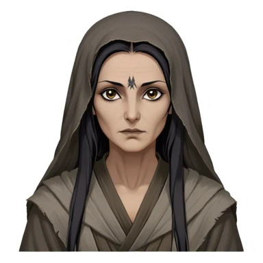 Mirri Maz Duur is a weathered, age 55 Lhazareen woman with deep-set dark eyes, high cheekbones, and a sharp nose, giving her a stern, knowing expression. Her long, unkempt dark hair streaked with gray falls loosely over her shoulders, and her earth-toned, tattered robes mark her as a humble healer. Despite her frail appearance, she exudes an aura of mystery and menace, her hands stained with herbs and blood from both healing and dark sorcery. sticker
